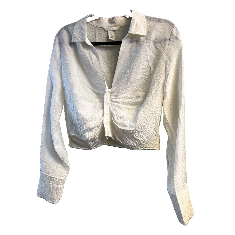 H&M Women's White Solid Woven Button Front Collared Cropped Blouse Long Sleeve M